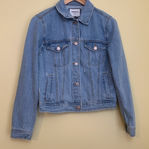 Forever 21 | Distressed Denim Blue Jean Button Down Jacket Small - Picture 9 of 14